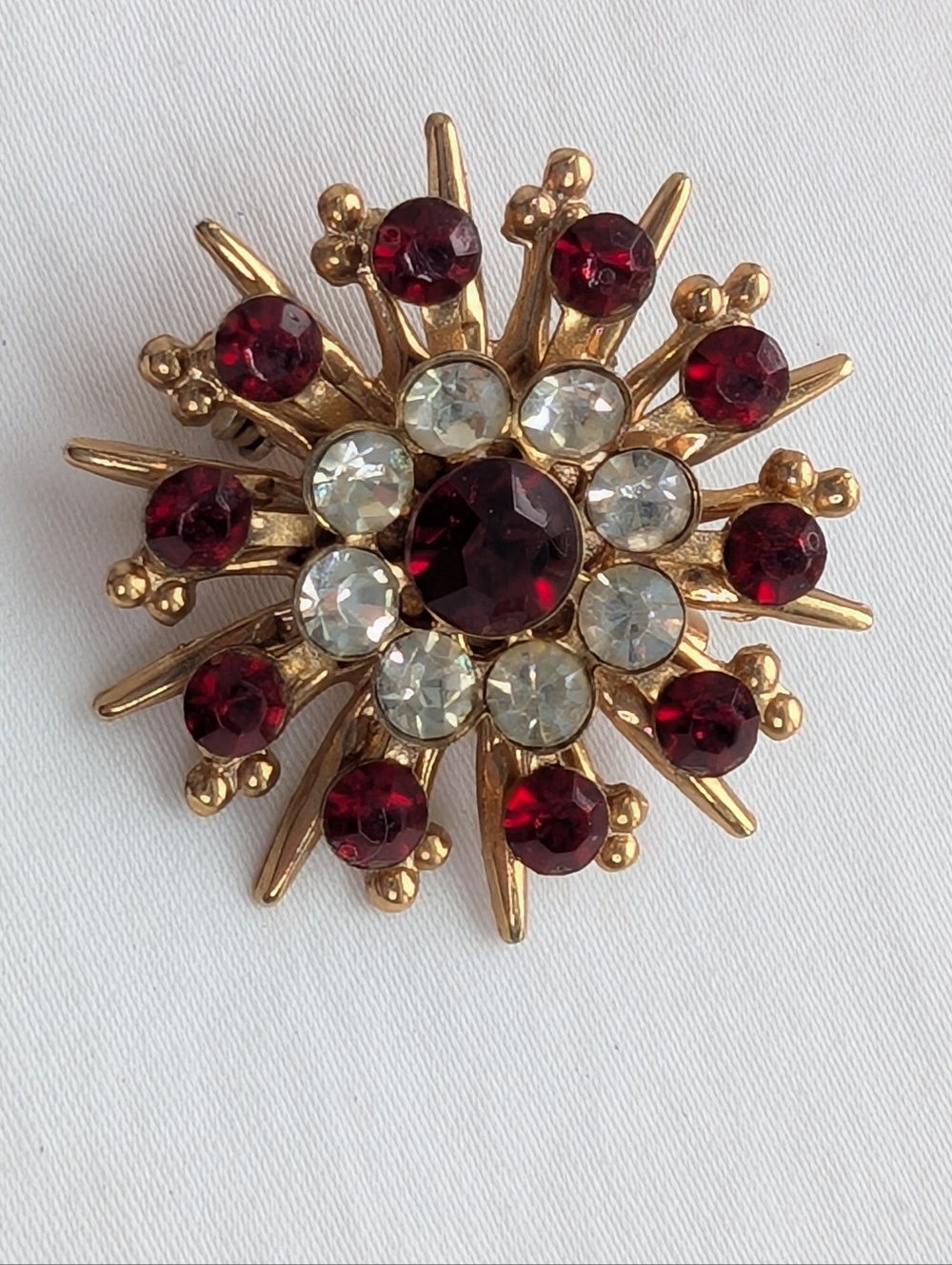Vintage Crystal Red & Gold Tone Sunburst Brooch